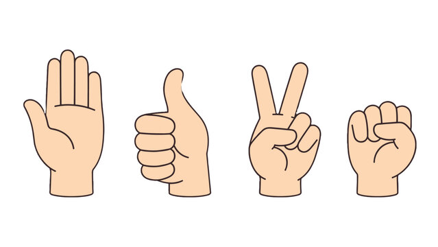 Set of hand gesture icons with palm thumbs up peace and fist