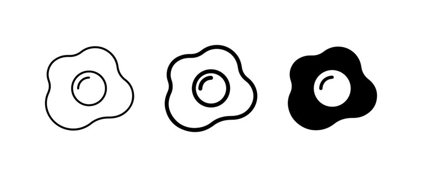 Fried Egg Icons, Simple Outline and Solid Black Vector Graphics for Breakfast and Food Concepts
