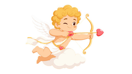 Obraz premium Cute winged cupid cartoon aiming a heart arrow on cloud