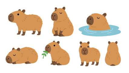 Obraz premium Cute capybara character set in simple flat vector style