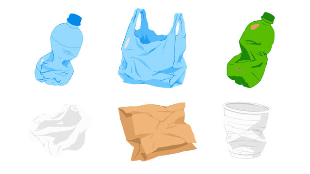 Set of crumpled plastic bottles bags paper and cup illustration