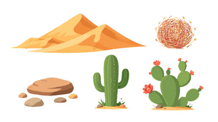 Cartoon desert landscape elements with cacti dunes and rocks © icon_art
