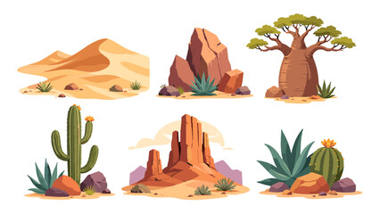 Cartoon desert landscape elements with cacti, rocks and dunes © icon_art