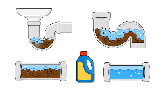 Cartoon clogged drain pipes with cleaner bottle and clear water