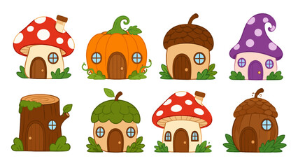 Cute fantasy house set with mushroom, pumpkin, acorn and tree homes © icon_art