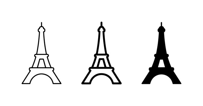 Eiffel Tower Icons Set, Paris Landmark Vector Graphics, Simple Outline and Silhouette Styles