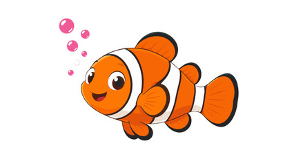 Obraz premium Cute cartoon clownfish with bubbles on white background