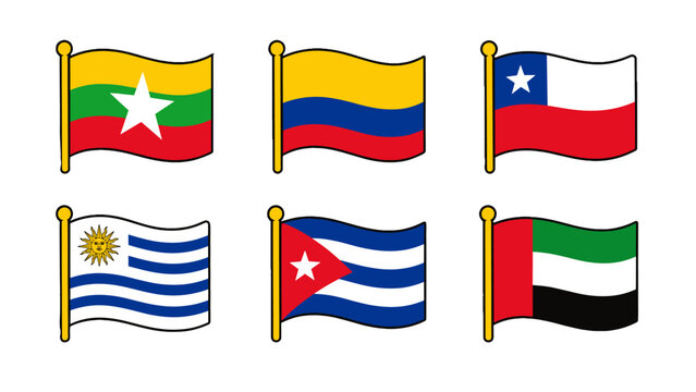 Cartoon national flag icons of six countries on white
