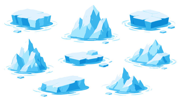 Cartoon floating icebergs and ice floes isolated on white