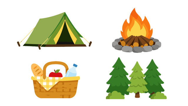 Camping icons set with tent bonfire picnic basket and trees