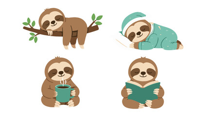 Fototapeta premium Cute cartoon sloth character set with sleeping poses