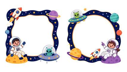Cartoon space frames with astronauts, rockets and UFOs © icon_art