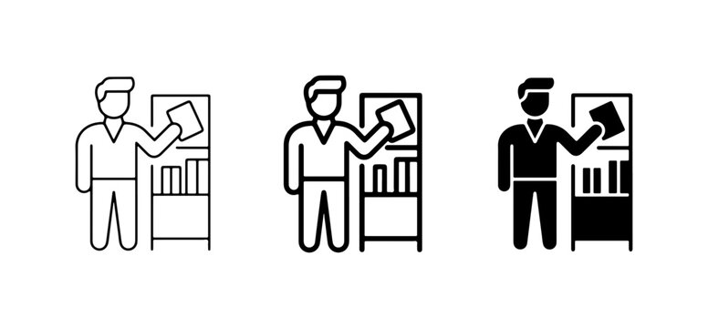 Man with Bookcase Icon Set, Librarian, Reading, Knowledge, Education, Information Storage