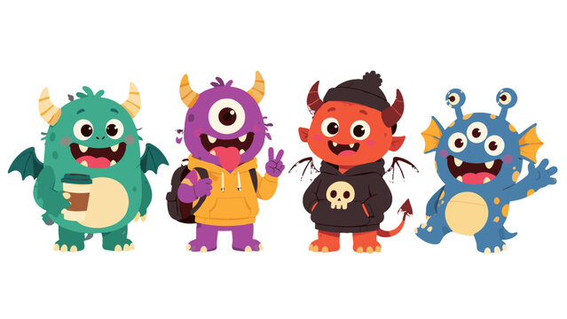 Cute cartoon monster character set isolated on white background
