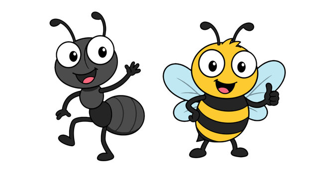 Funny cartoon ant and bee outline characters set