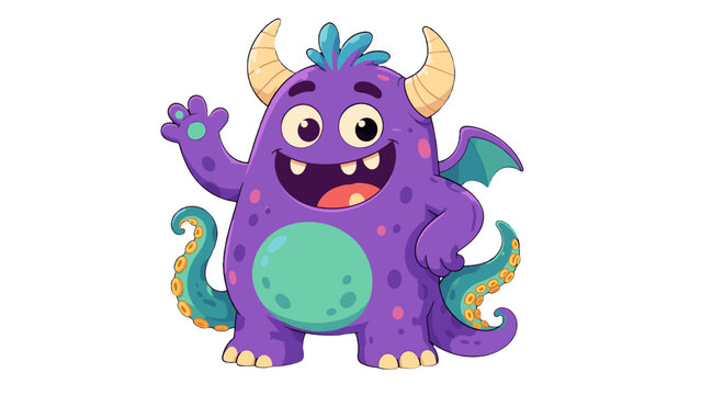 Cute purple cartoon monster character with horns and tentacles