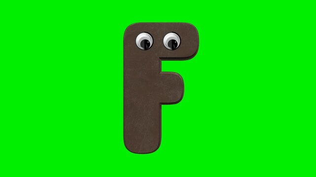 Funny cartoon letter character with 3d chocolate texture and eyes on green screen