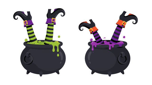 Cartoon witch legs sticking out of bubbling cauldrons