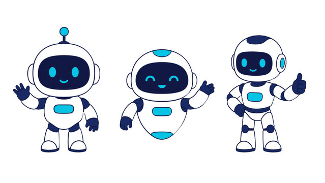 Cute futuristic robot character set in flat vector style