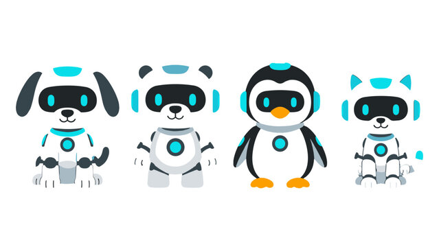 Cute futuristic robot animal mascot set in cartoon vector style