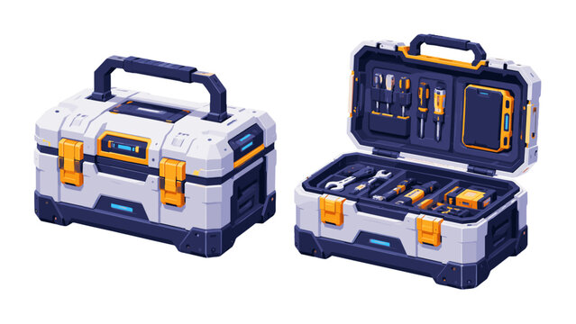 Futuristic toolbox cases with open and closed tool storage set