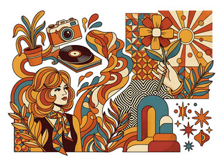 Obraz premium Colorful cartoon lion with decorative floral elements.