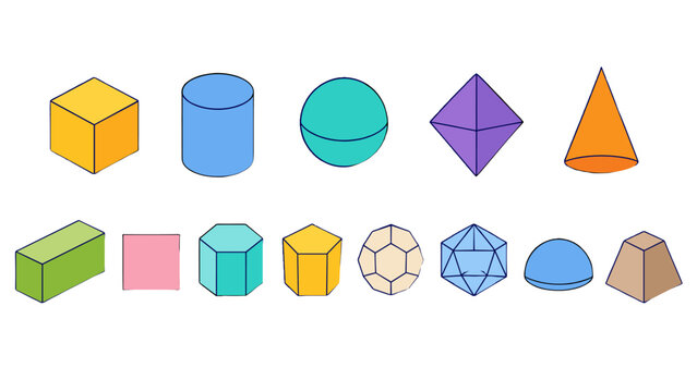 Colorful geometric solid shapes set in cartoon vector style