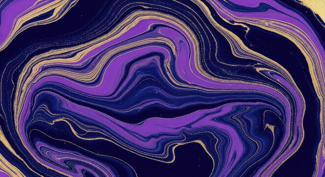 Swirling patterns of deep navy blue and vibrant purple create a sophisticated liquid marble texture accented with shimmering golden veins, splash, gradient, design