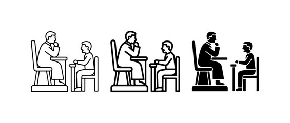 Obraz premium Adult and Child Sitting at Tables, Conversation Icons, Learning, Mentorship, Communication
