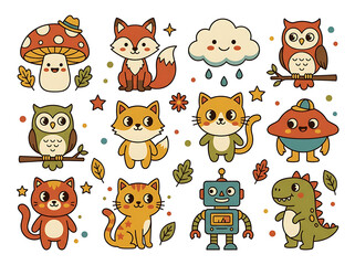 Obraz premium Cartoon collection of cute animated animals in winter clothing.