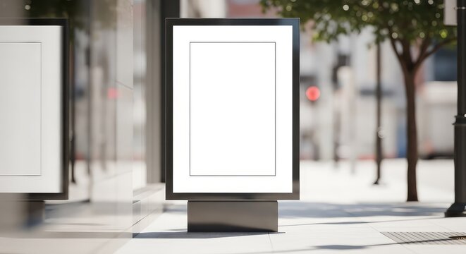 Un letrero publicitario vertical y minimalista ubicado en una acera urbana soleada, con un espacio en blanco rectangular para dise&ntilde;o gr&aacute;fico, space, architecture, signage