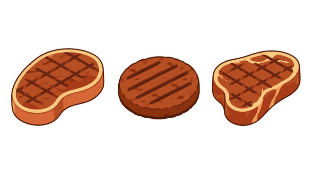 Cartoon grilled steaks and burger patty isolated set