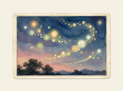Colorful glowing bokeh lights in night sky.