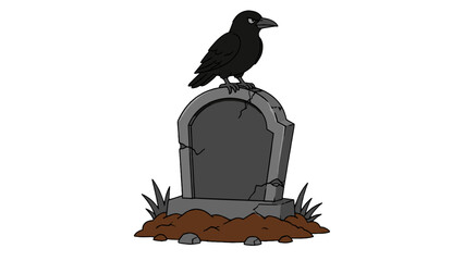 Obraz premium Black raven perched on cracked gravestone cartoon vector