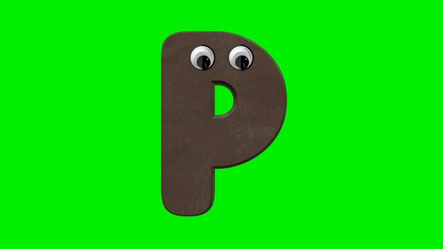 Funny cartoon letter character with 3d chocolate texture and eyes on green screen