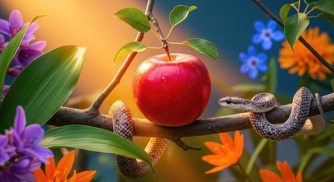Vibrant garden landscape with sunlight hitting a single red apple on a tree branch, surrounded by exotic plants and a winding serpent, landscape, flora, original
