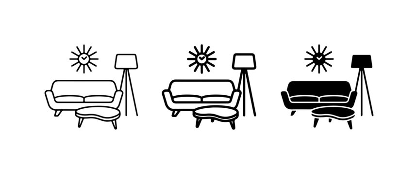 Modern Living Room Icons: Sofa, Ottoman, Floor Lamp, Sunburst Clock Set