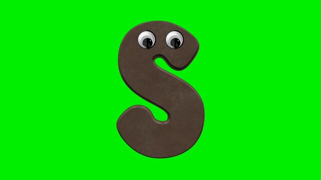 Funny cartoon letter character with 3d chocolate texture and eyes on green screen