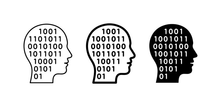 Human Head Silhouette with Binary Code, Digital Brain Concept, AI Technology Icons