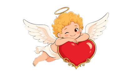 Obraz premium Cute winged cupid angel resting on a red heart illustration