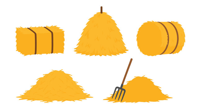 Cartoon hay bales, haystacks, straw piles and pitchfork set