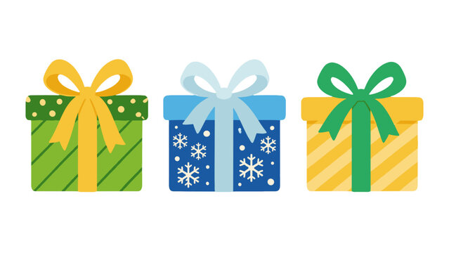Three colorful wrapped gift boxes with bows in flat vector style