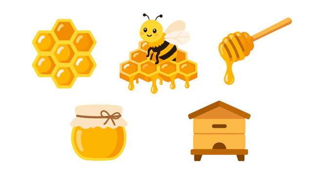 Cute bee and honeycomb set with honey jar and beehive vector