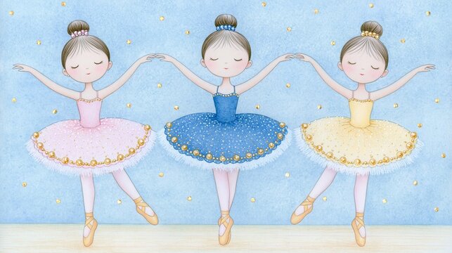 Adorable hand-drawn illustration of three young ballerinas in pastel pink, blue and yellow tutus dancing together on a soft blue background with delicate golden accents. 