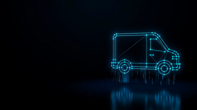 A sleek, glowing wireframe illustration of an electric delivery van against a dark background, symbolizing modern tech logistics.