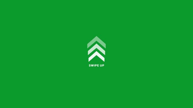 Swipe up arrows motion graphics animation on green background with Alpha channel. Moving up swipe up animation.