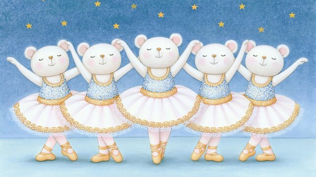 Adorable watercolor illustration of five cute ballerina mice dancing in a row on pointe, wearing sparkling tutus against a dreamy blue starry background. 