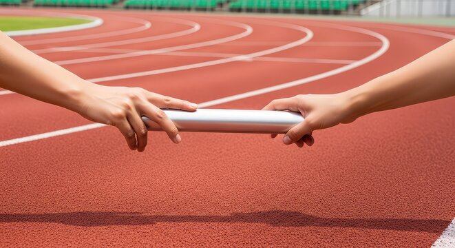 A metallic silver baton is transferred between two hands above a red textured running track inside a large open air sports stadium arena, competitive, athletic, motion
