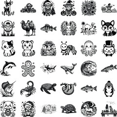 Fototapeta premium Assorted collection of cute woodland and marine animals in artistic monochrome ink drawing design style