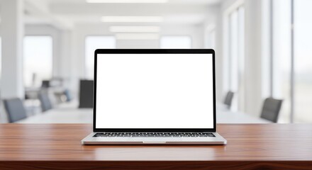 Fototapeta premium A sleek laptop with a blank white screen rests on a wooden desk within a bright, airy open plan office workspace with blurred background, tabletop, interior, laptop